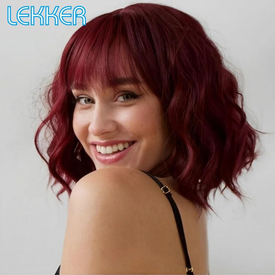 

Lekker Red Short Wavy Bob With Bangs 100% Human Hair Wigs For Women Brazilian Remy Hair Full Machine Made Colored Daily Wigs