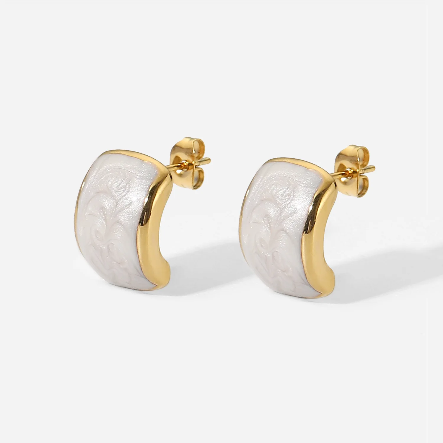 16K Gold Plated Stainless Steel Swirl White Pearlized Emanel Dome Stud Earrings For Women Girls Tarnish Free Jewelry Gift