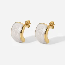 16K Gold Plated Stainless Steel Swirl White Pearlized Emanel Dome Stud Earrings For Women Girls Tarnish Free Jewelry Gift