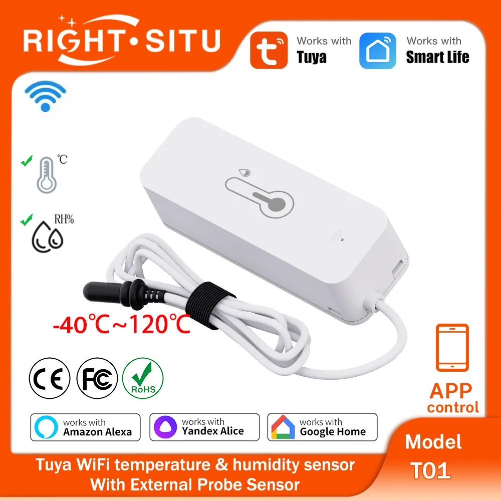Tuya WiFi Temperature Humidity Sensor With External Probe Sensor Hygrometer APP Remote Control Work With Yandex Alexa