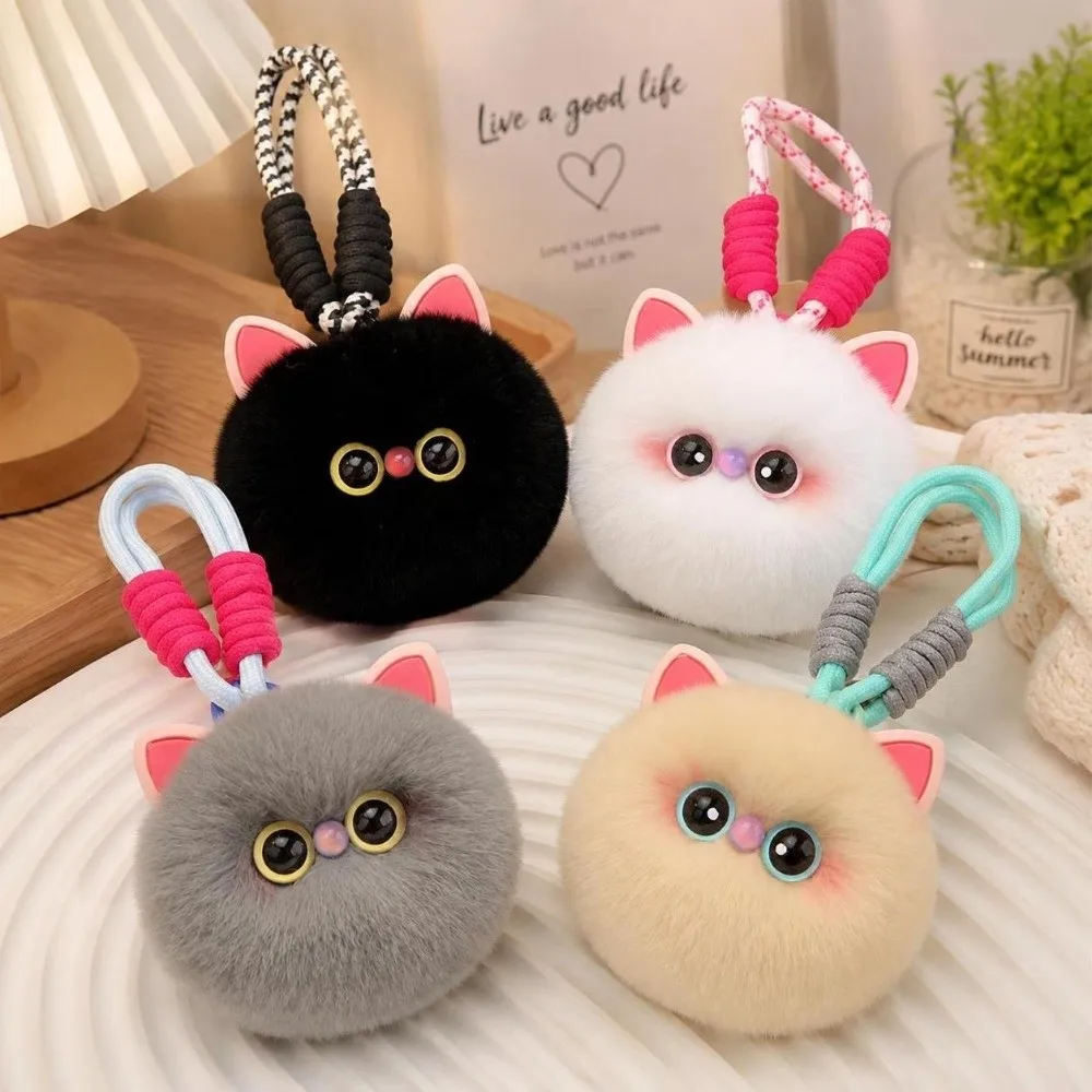 Cute Braided Hand Rope Cat Keychain Faux Rabbit Fur Kawaii Bag Charm Cartoon Lovely Cat Key Ring Gift