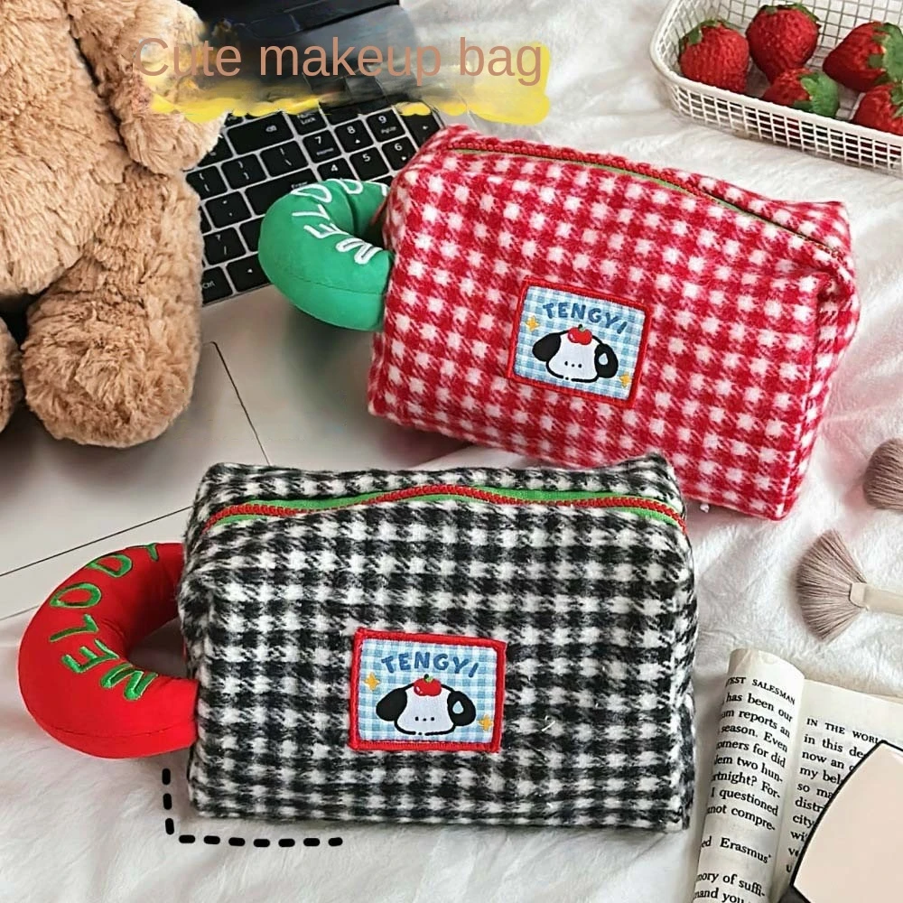 Desktop Storage Stationery Bag Large Capacity Bath Storage Korean Style Pencil Case Cartoon Plaid Black/Red Cosmetics Bag School