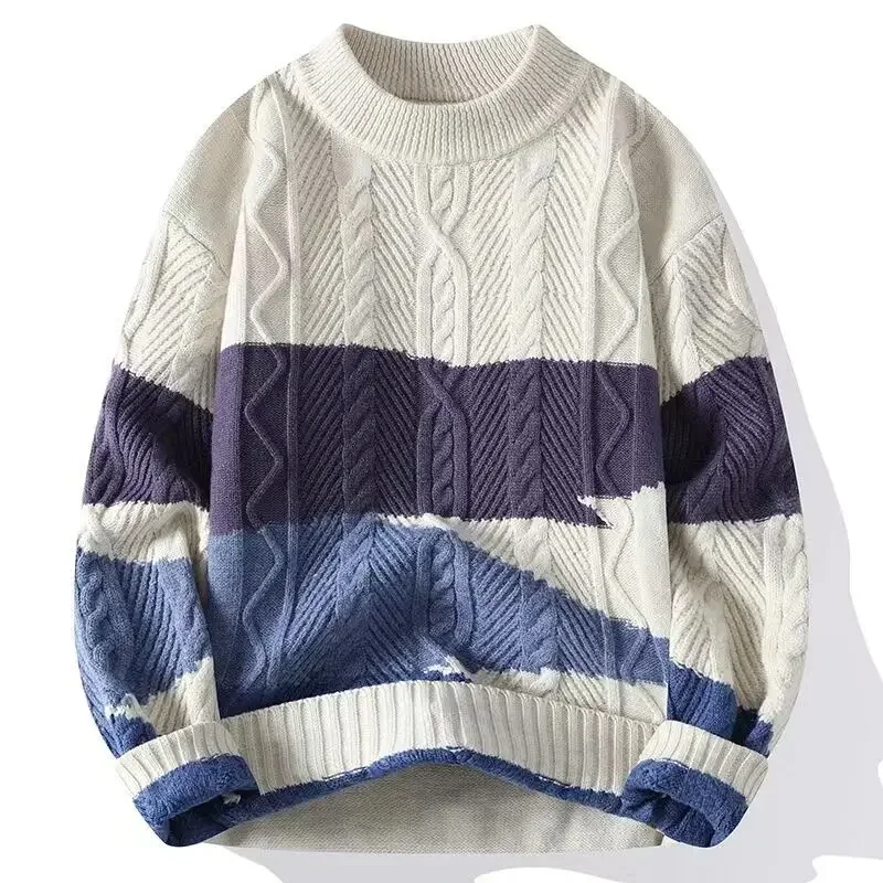 New Japanese and Korean Style Men's Round Neck Twisted Pattern Fashionable and Versatile Color-blocked Winter Knitted Sweater.