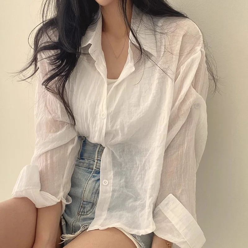 

Chic Summer Casual Loose Fit Long Sve Sun Protection irt Thin Versatile Sle Women's Faion Korean Sle Loose pe