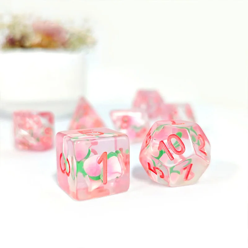 7PCS Resin Dices Set New Transparent Pink Honey Peach Polyhedral Dices Entertainment Accessories for Home Decor Table Game