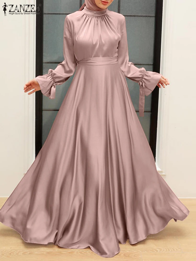 Long Sleeve Solid Dubai Turkey Abaya Hijab Dress 2023 ZANZEA Spring Women Satin Sundress Robe Femme Muslim Maxi Dress Ramadan