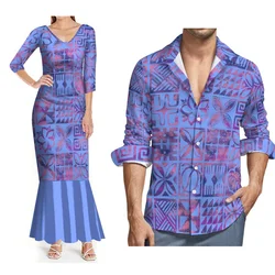2023 Custom Women'S Mid-Sleeved Dress Elegant Fishtail Dress 6xl With Men'S Long-Sleeved Shirt Polynesian Island Couple Dress