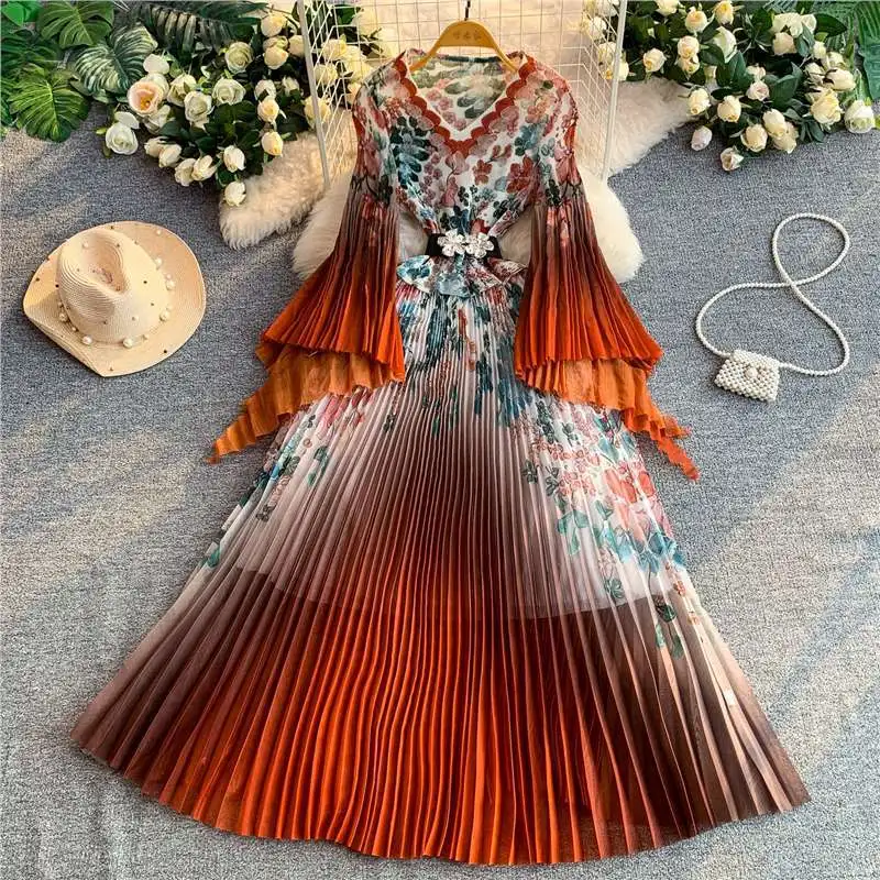 Miyake Gradual Change Print Dress Women's High Sense V Neck Long Sleeve Slim A Skirt High Waist Big Pendulum Pleated Dress