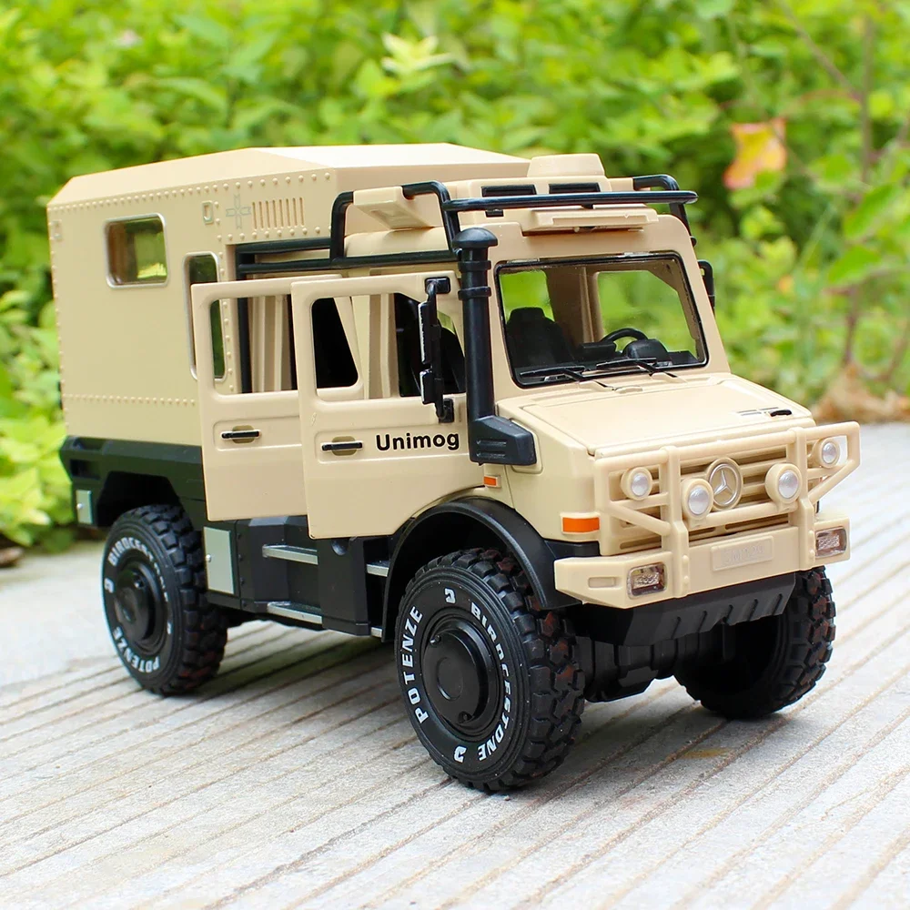 1:28 UNIMOG U4000 Motorhome Alloy Touring Car Model Diecast High Simulation Metal Off-road Vehicles Car Model Childrens Toy Gift