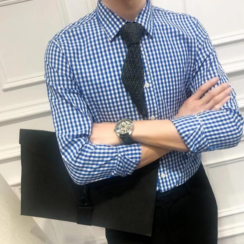 Men's Stylish Black White Plaid Long Sleeve Shirt Spring Slimming Figure Flattering All Match Top