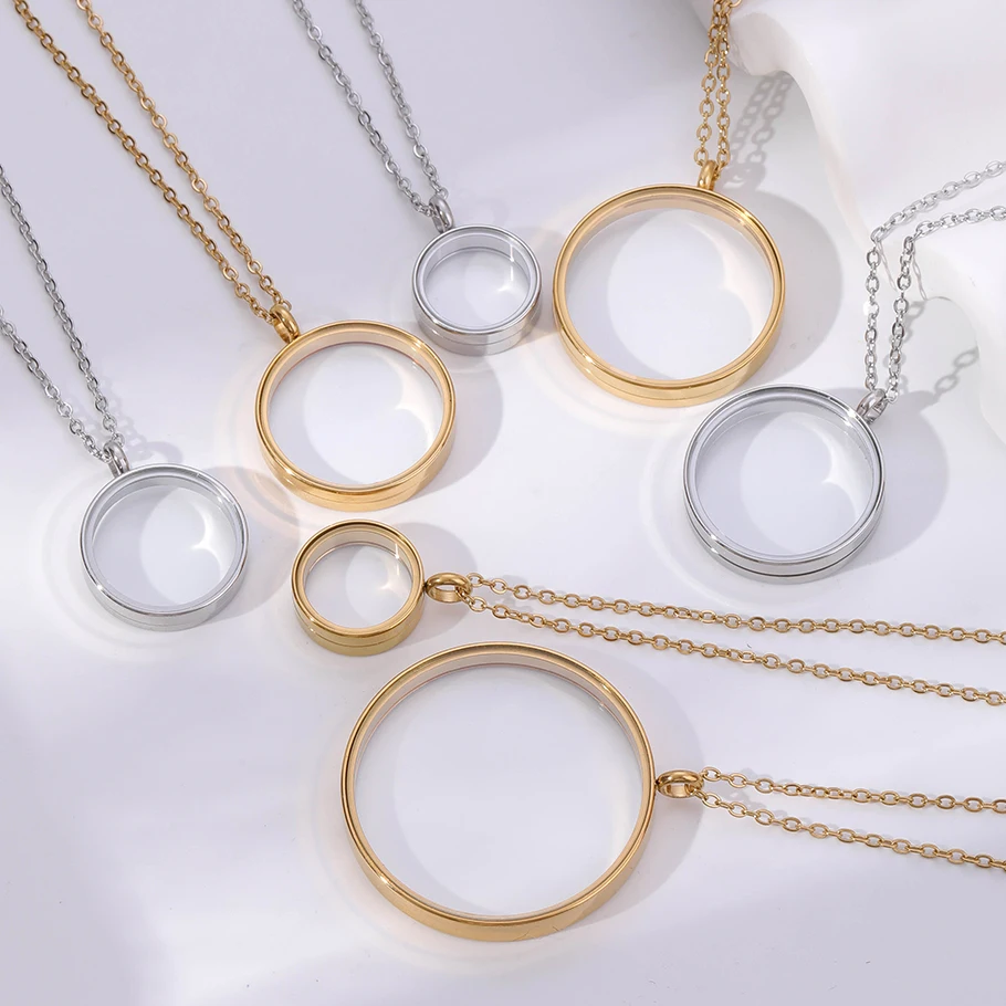 1Pc 10-45mm Round Memory Reliquary Picture Locket Pendant Necklaces Punk Glass Coin Bezel Floating Relicario Men Collar Jewelry