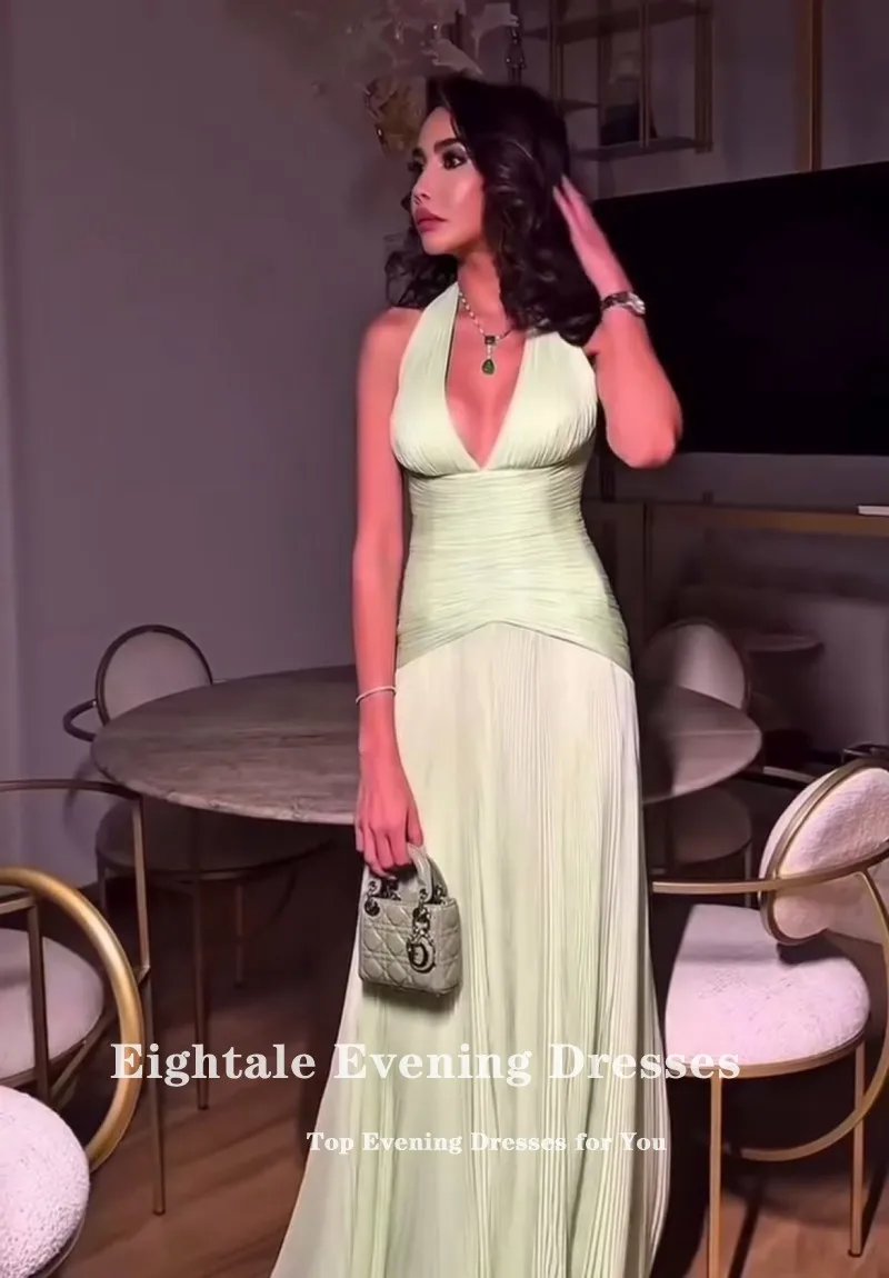 

Eightale арабское вечернее платье с лямкой на шее и v-образным вырезом трапециевидной формы на заказ шифоновое зеленое платье длиной до пола со складками для выпускного вечера, свадебное платье