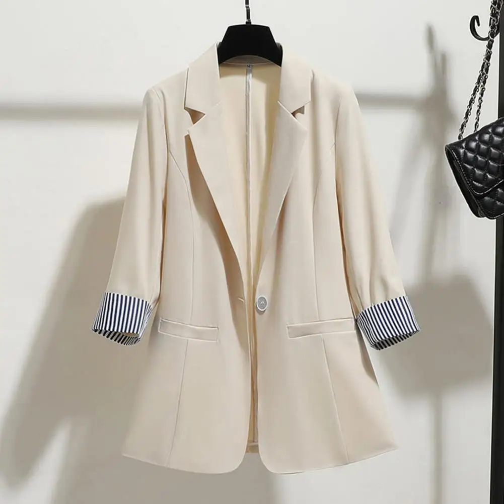 Women Suit Jacket Elegant Lapel Suit Coat with Striped Cuffs Single Button Design for Women Stylish Business Workwear Jacket