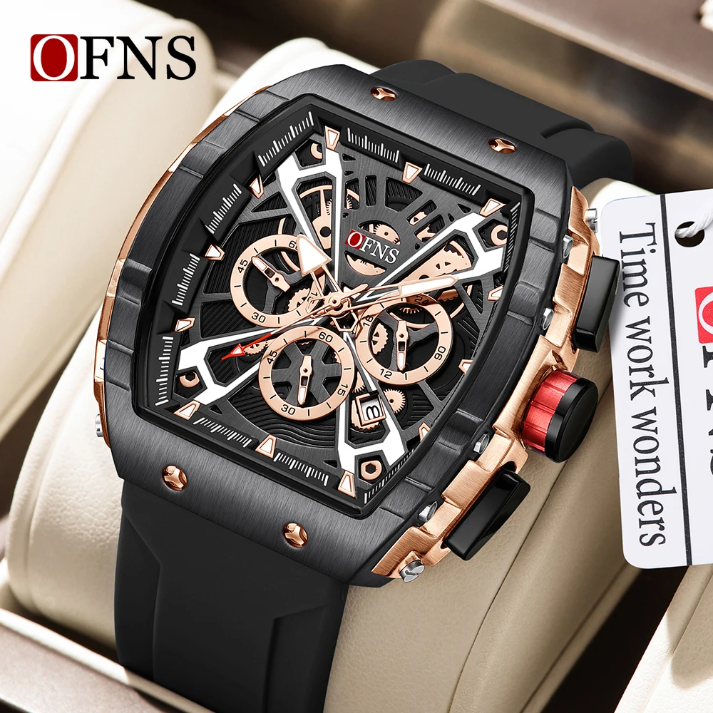 OFNS 8030 Fashion Men's Quartz Watch Wine Barrel Type Three Eye Six Needle Multi functional Waterproof Calendar Men's Watch