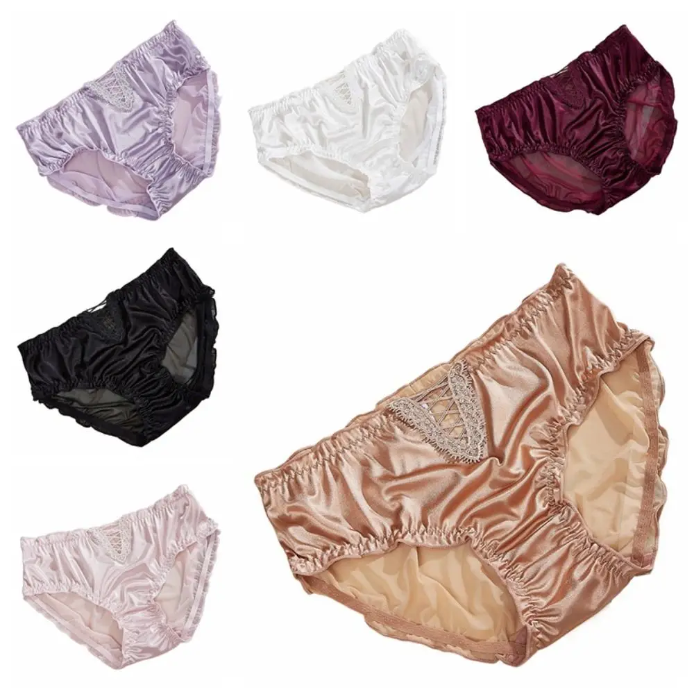 Celana Dalam Wanita Bahan Sutra Es Satin Model Ruffle Berongga Pinggang Sedang Gaya Prancis Bagian Crotch Katun
