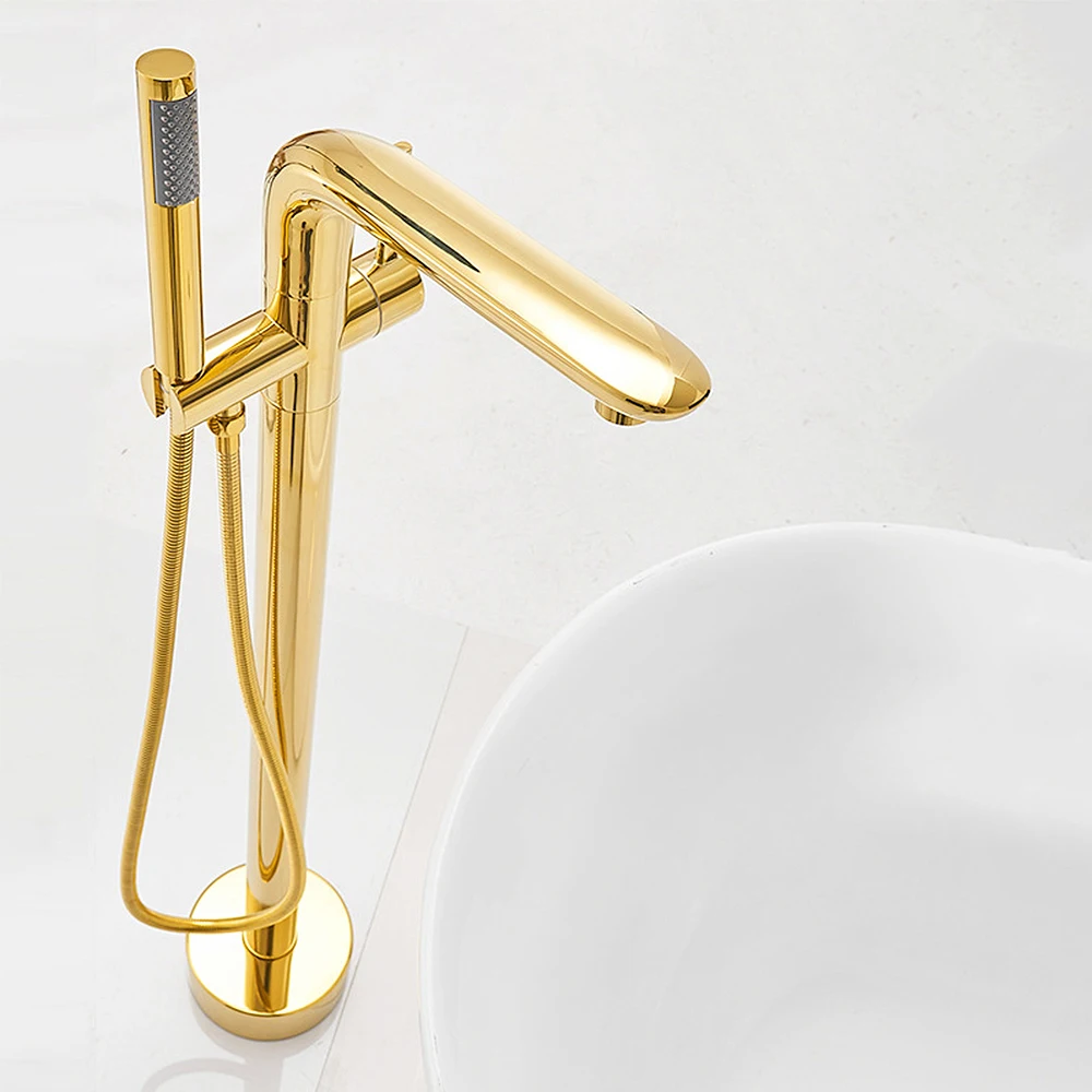 

Fashion Gold Brass Bathroom Shower Faucet Set Floor Mounted Tub Filler with Hand Shower Mixer Tap Freestanding Bathtub Faucet