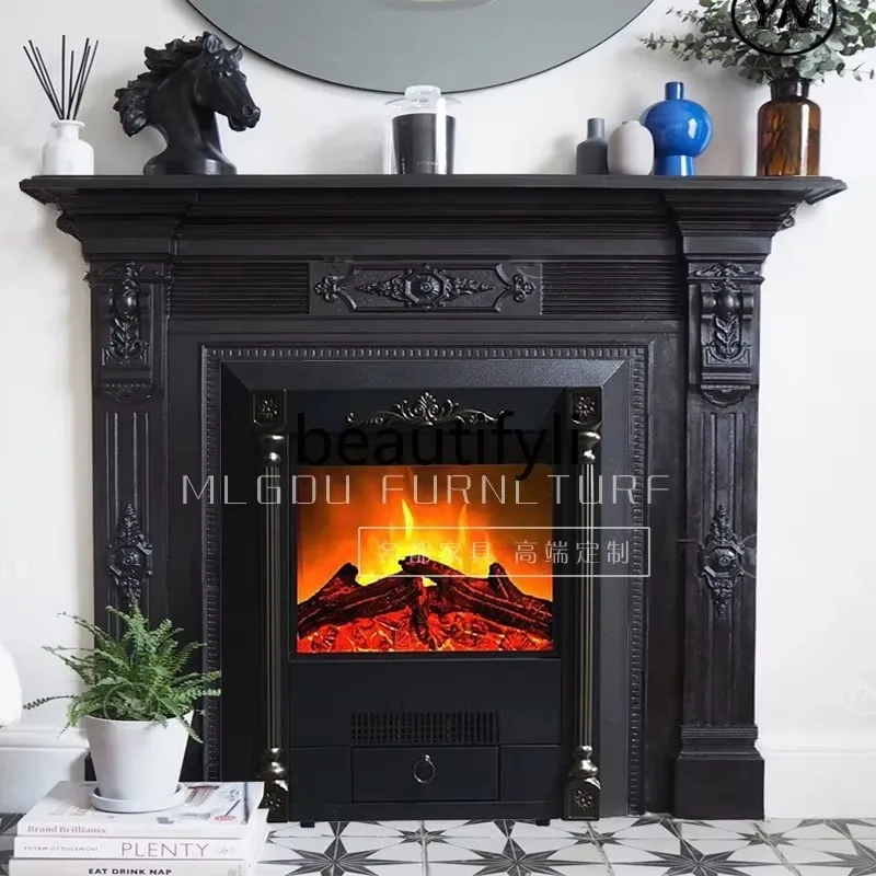 Retro French solid wood mantel heating fireplace core Chinese carved storage table storage table D1089
