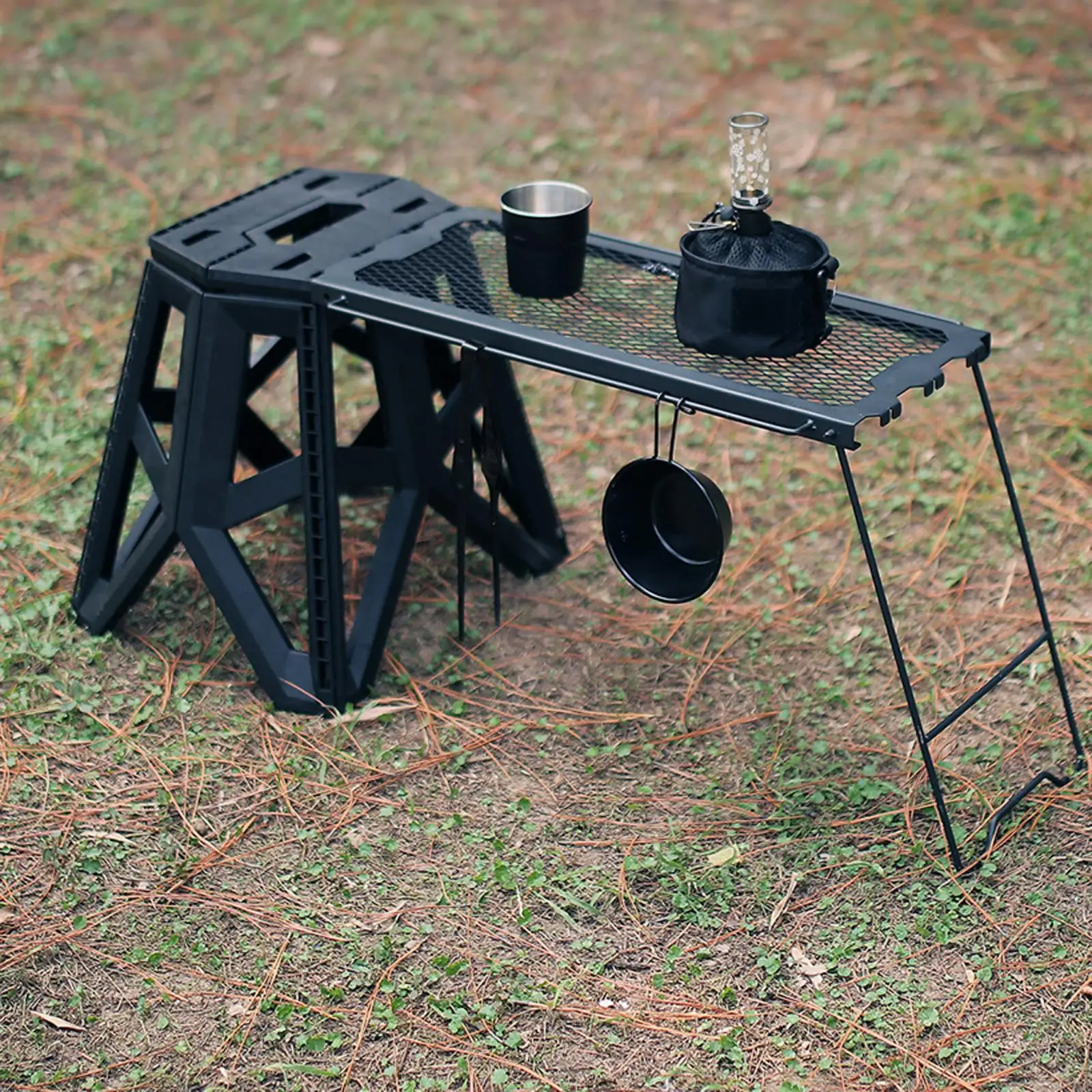 Outdoor Multifunctional Folding Table Grid Table Stool Side Hanging Table Portable Foldable Iron Storage Rack for Camping Picnic