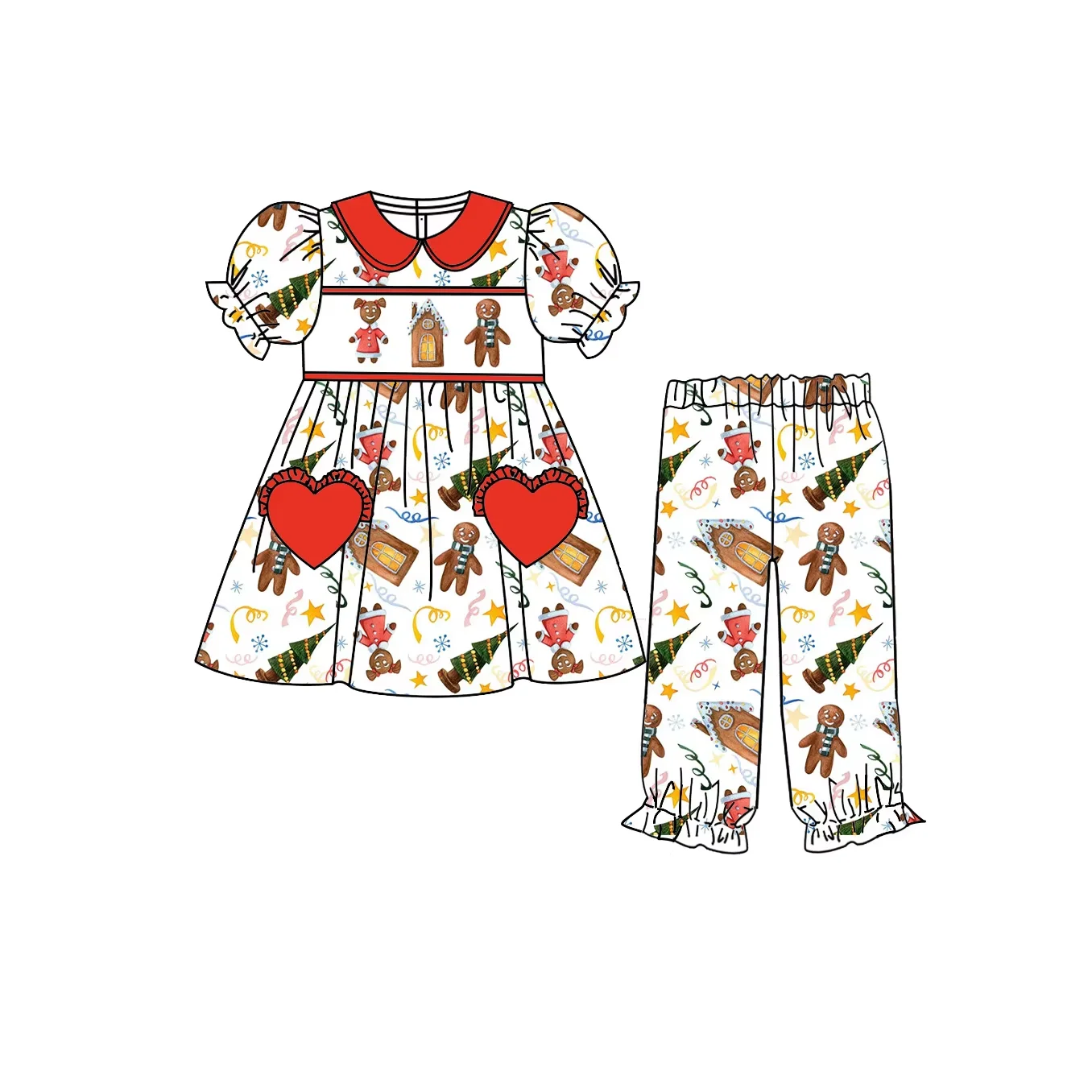 Christmas Boutique Children Set Short-Sleeved Elastic Tree House Cookies Print Trouser Girl Boy Long-Sleeved Set Baby Robe