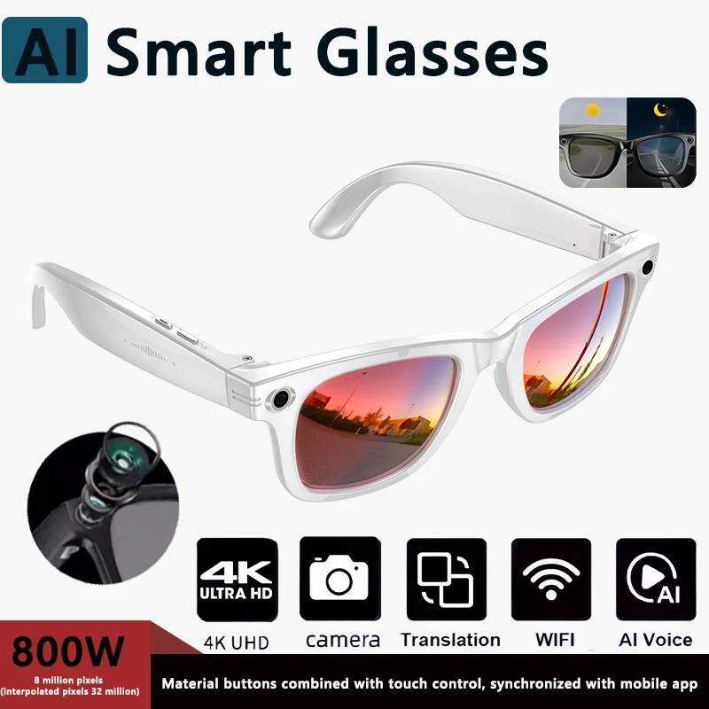 4K Ultra HD AI Glasses Men Chat IP65 Waterproof Voice Assistant AI Transmission 800W Camera Bluetooth Call Smart SunglassesWomen