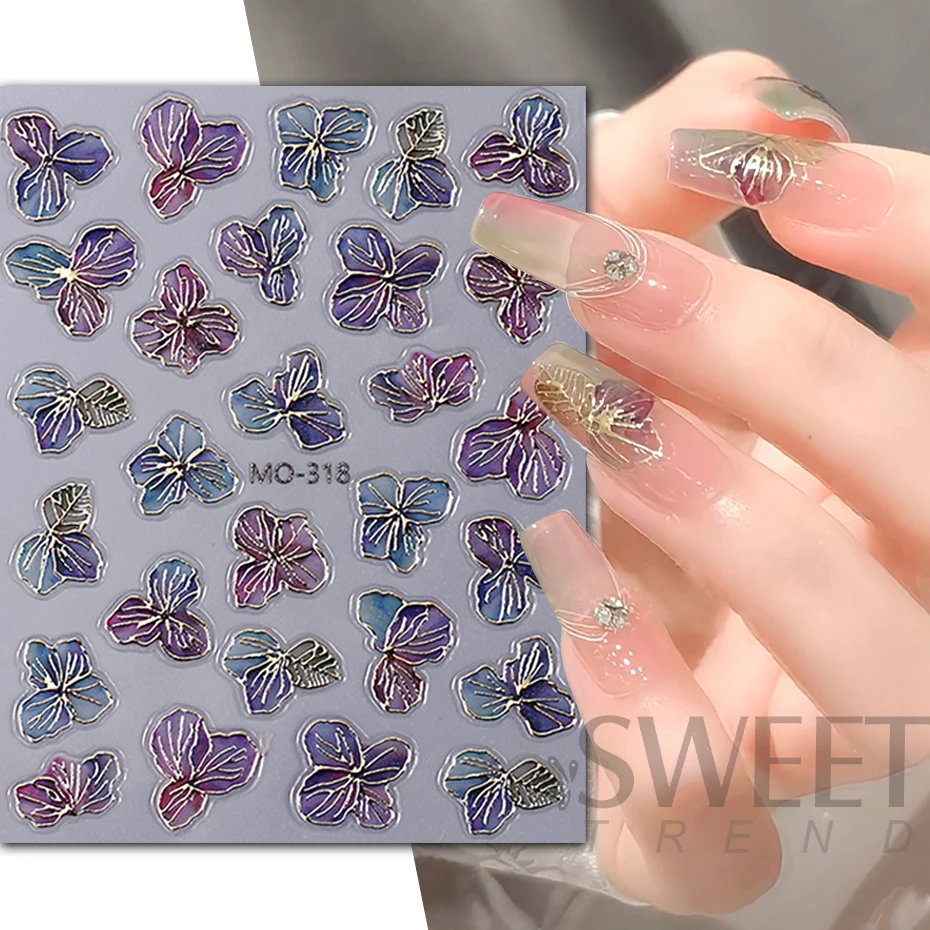 Flower Metallic Line Flower Nail Sticker Flower Holographic Blooming Floral Manicure Foils Decal Slider Nail Art Decoration Tips