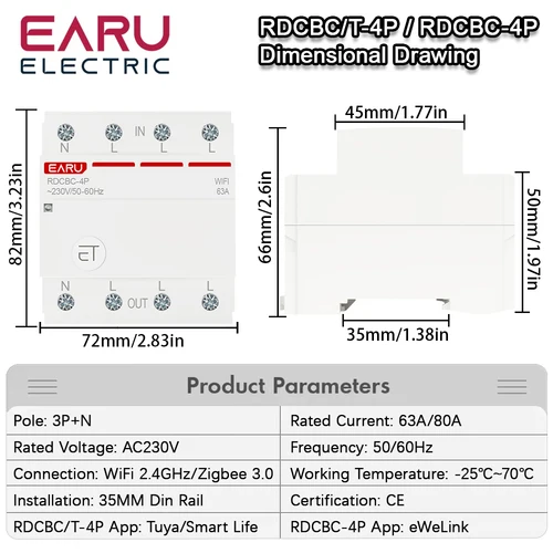 Imagen 2 del producto Disyuntor inteligente 3P + N Tuya eWeLink WiFi ZigBee, temporizador MCB, interruptor de relé, Control remoto por voz para asistente de Google Home Alexa