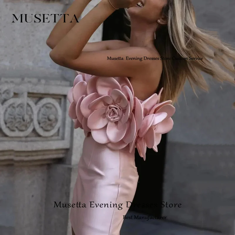 Musetta Modern Mini Pink Evening Gowns Simple Strapless Pleat 3D Flowers Prom Dresses Sleeveless Sexy Open Back Customized 2024