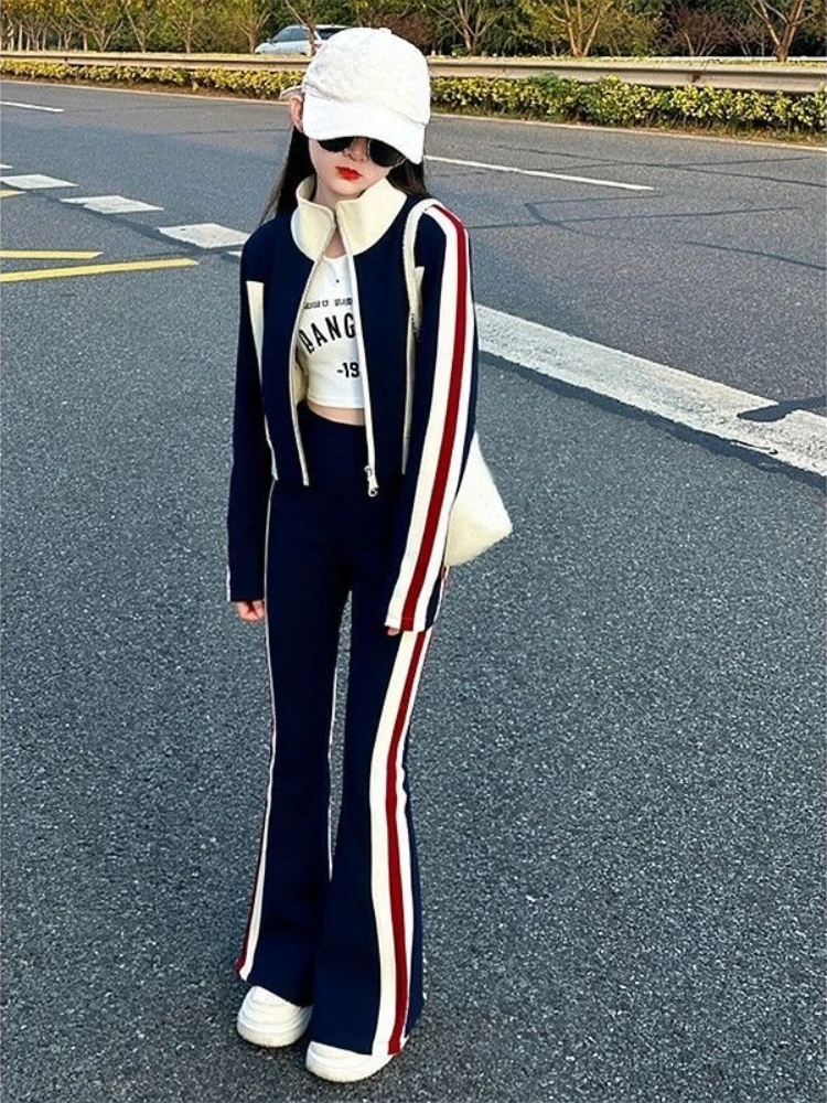 Girls Spring Autumn Suit 2026 New Fashion Sportswear Jacket Flare Pants Trendy Kids Clothing Set