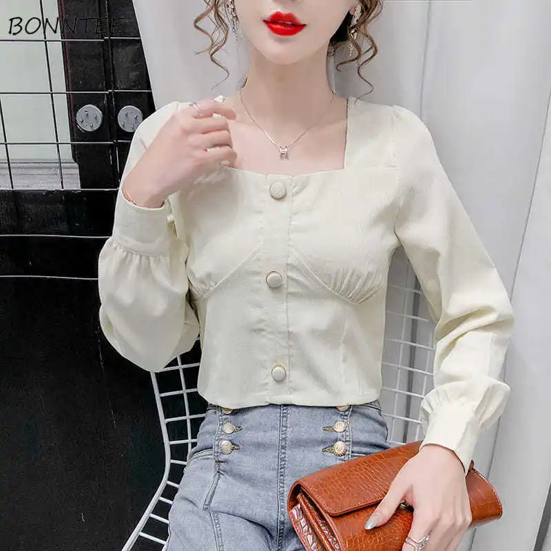 Corduroy Long Sleeve Shirts Women Spring Fall Square Collar Solid Color Buttons-up Pleated Slim-fit Casual Tops Hollow Out Soft