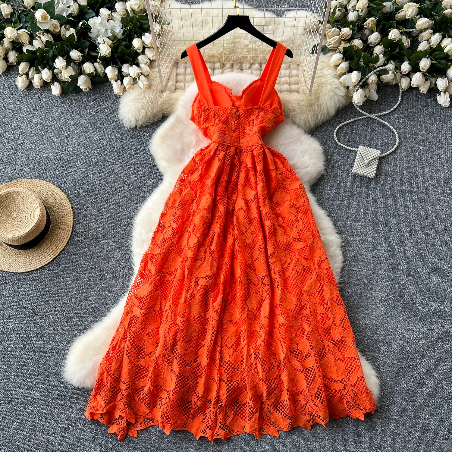 Neploe Europe Strapless Senior Lace Slim Waist Femme Robe Big Swing Casual Hollow Out Lace Sling Dress Embroidery Elegant Mujer