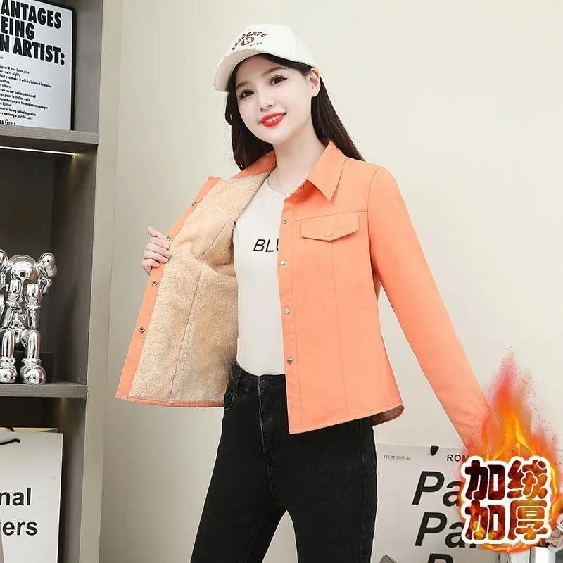 

Fashion Plus Velvet Thick shirt Short Jacket For Women 2025 Spring Autumn New Long Sleeved Casual Versatile Shirt Coat Top