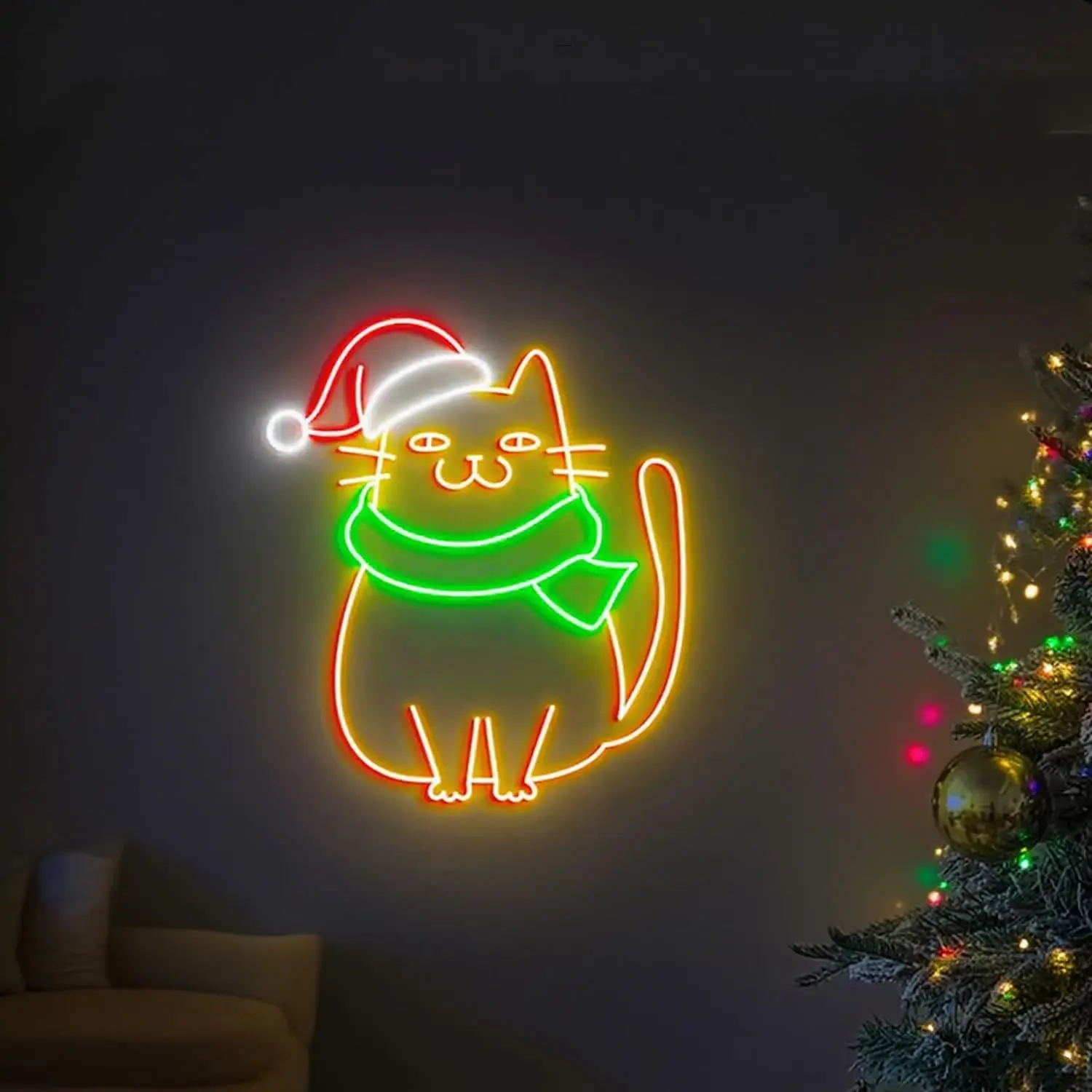 Christmas Cat Neon Sign USB LED Neon Light Wall Hanging Light for Christmas Party Home Bedroom Window Aesthetic Decoration Gift