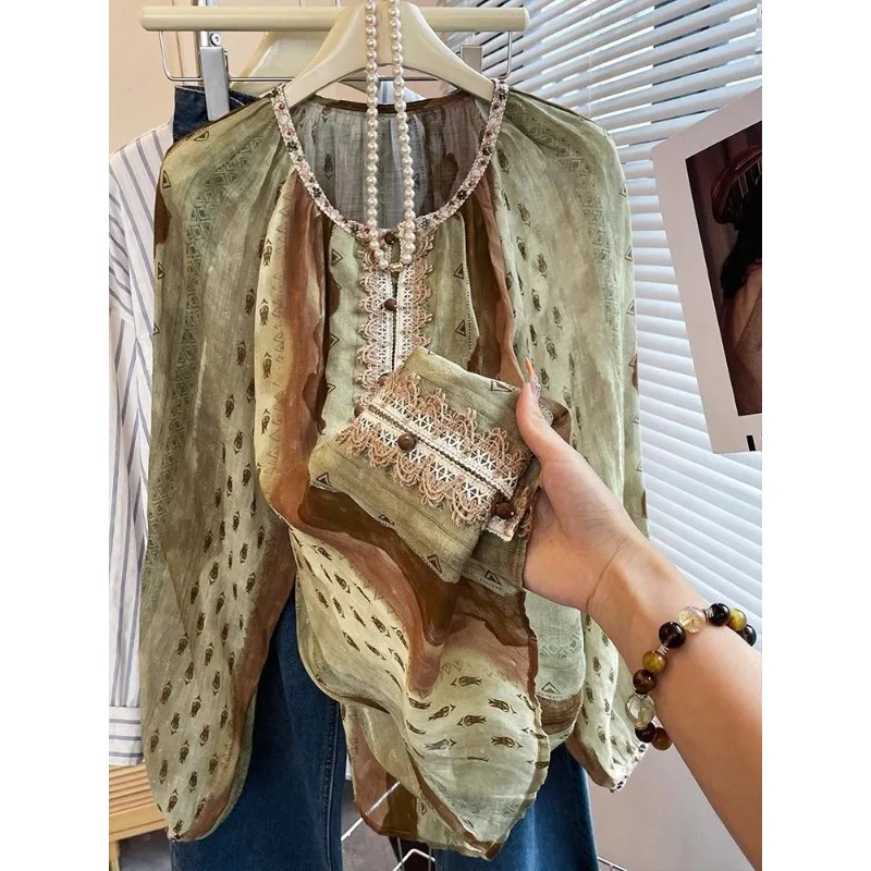 

Женская рубашка с длинным рукавом и воротником, осень 2025, новинка, французский ретро-стиль, с принтом и круглым вырезом на груди