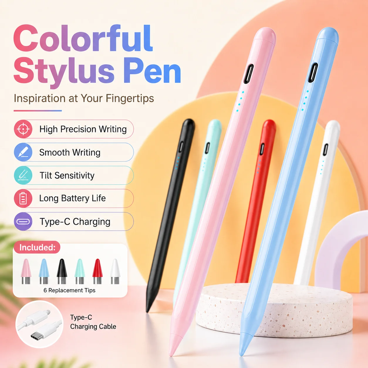 Stylus Pen for Apple Android Phone Tablet, Long Lasting Battery Touch Pen with 2 Spare Nibs Included