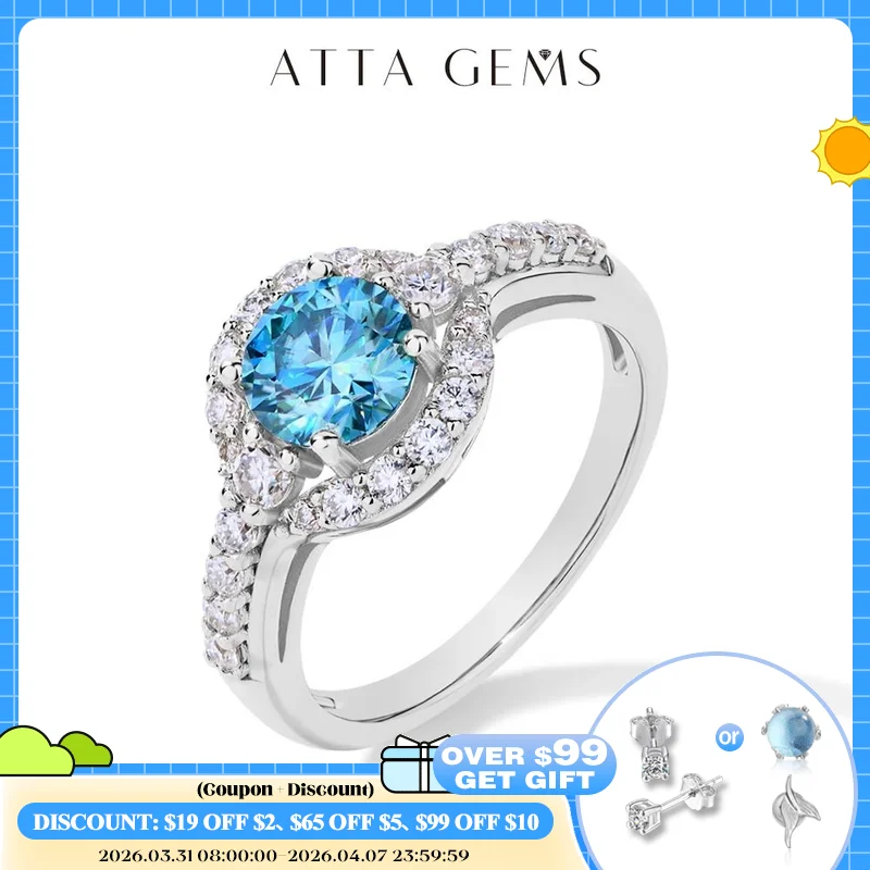 

ATTAGEMS 1.0CT Round Cut Blue Moissanite Rings for Women Angel Eye S925 Silver 18K Gold Plated Engagement Wedding Party Gift New