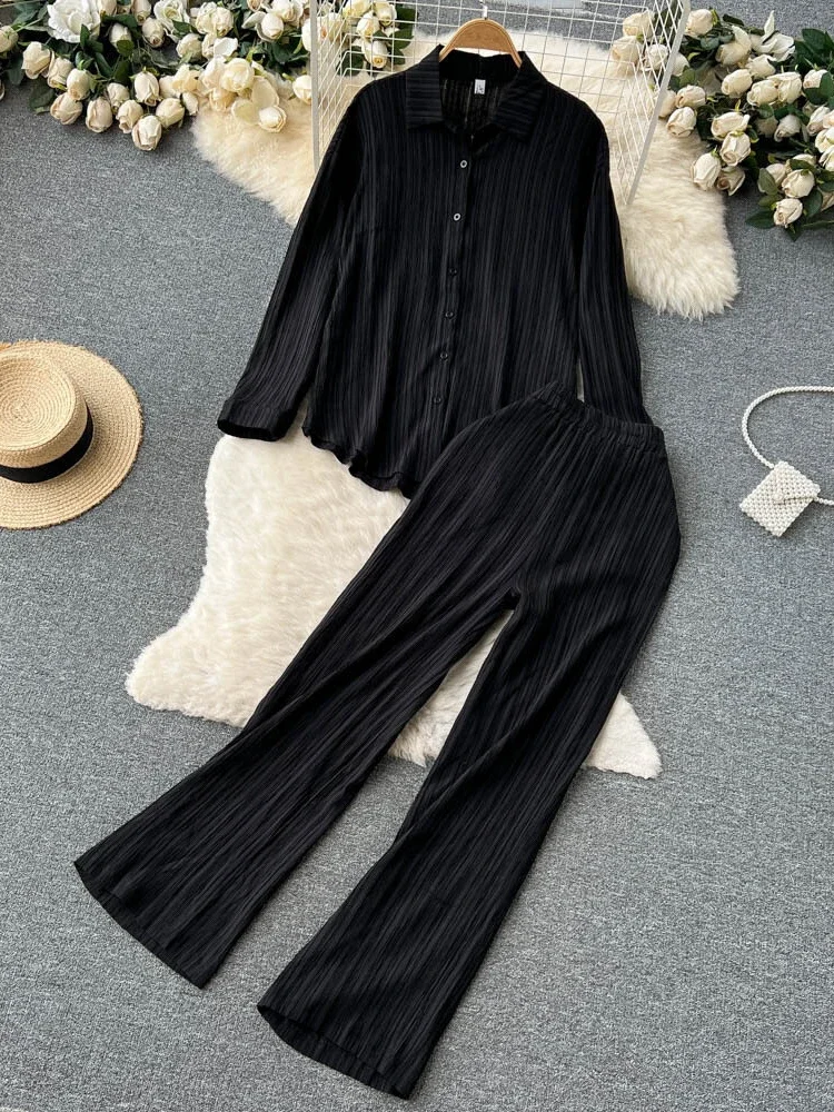 Spring Autumn Pleated Two Piece Sets Women Casual Loose Sleeve Shirt Top+High Waist Drop Wide Leg Long Pants Suits