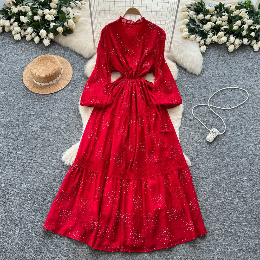 Chic vintage Spliced lace slim Elegant Fairy korean fashion Boho Sundress women clothing Long dress