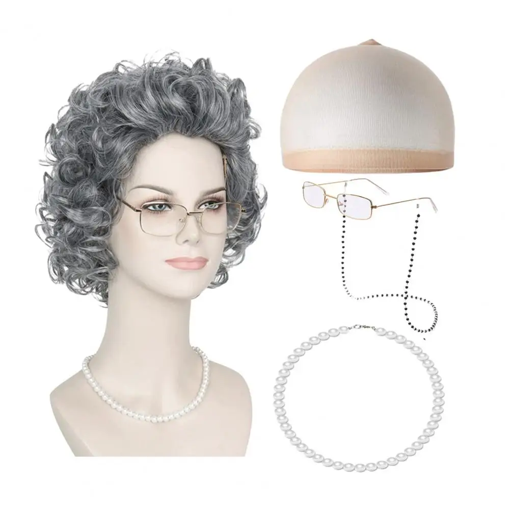 

4Pcs/Set Kids Old Lady Costume Set Curly Bun Wig Faux Pearl Necklace Wig Hat Glasses with Beads Chain School Cosplay Kit