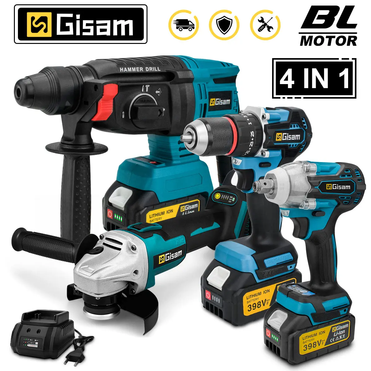 Gisam 4 ชิ้นชุดเครื่องมือไร้แปรงถ่าน 13 มิลลิเมตรไฟฟ้าเจาะ + 2 In1 ประแจผลกระทบ + 125 มิลลิเมตรเครื่องบดมุมไฟฟ้า + ค้อนไฟฟ้าเจาะ
