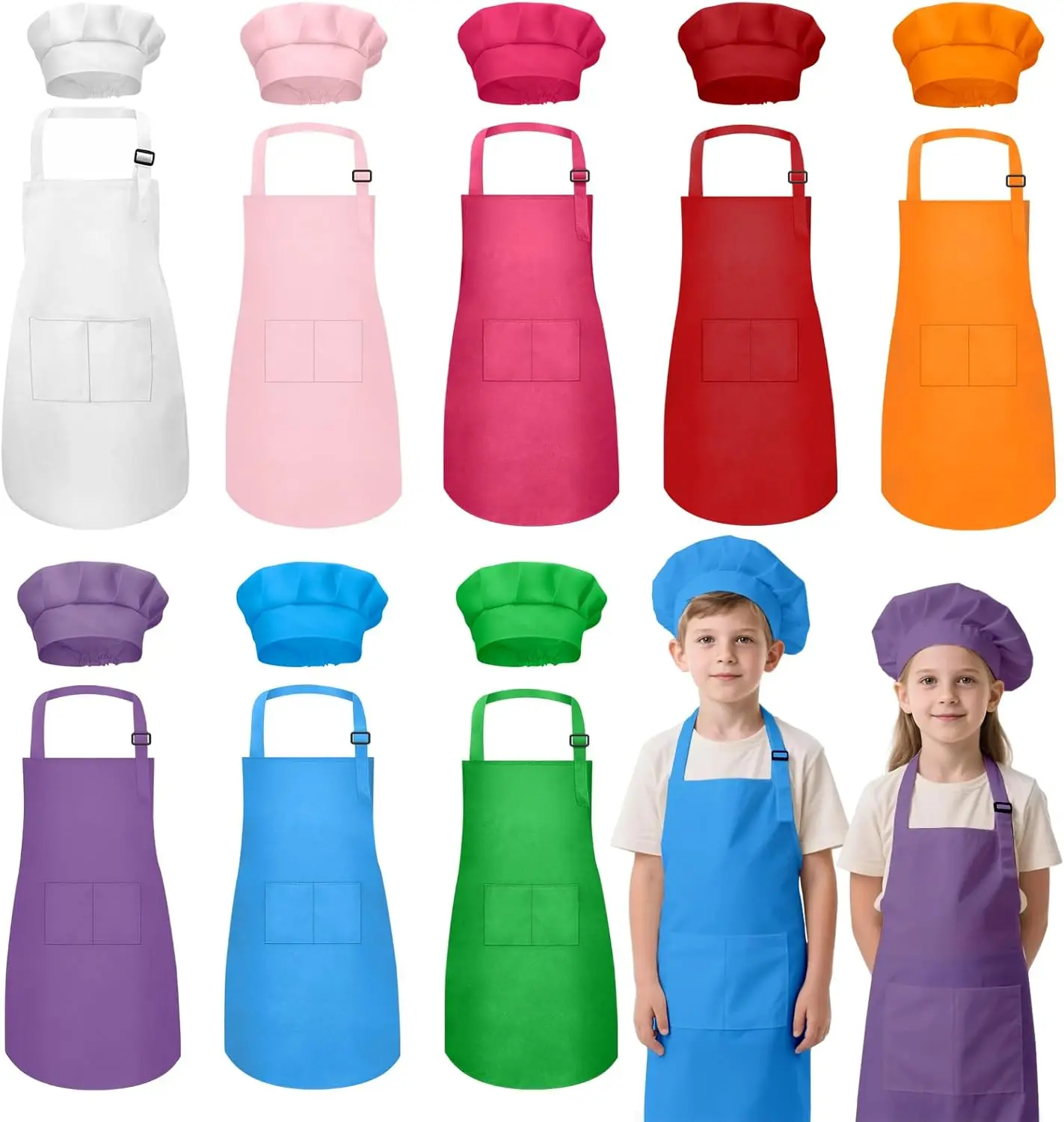 6/8/12/15PCS Kinderschort en Koksmuts Set Kinderschort met 2 Zakken Verstelbaar voor Koken Klaslokaal Bakken Schilderen