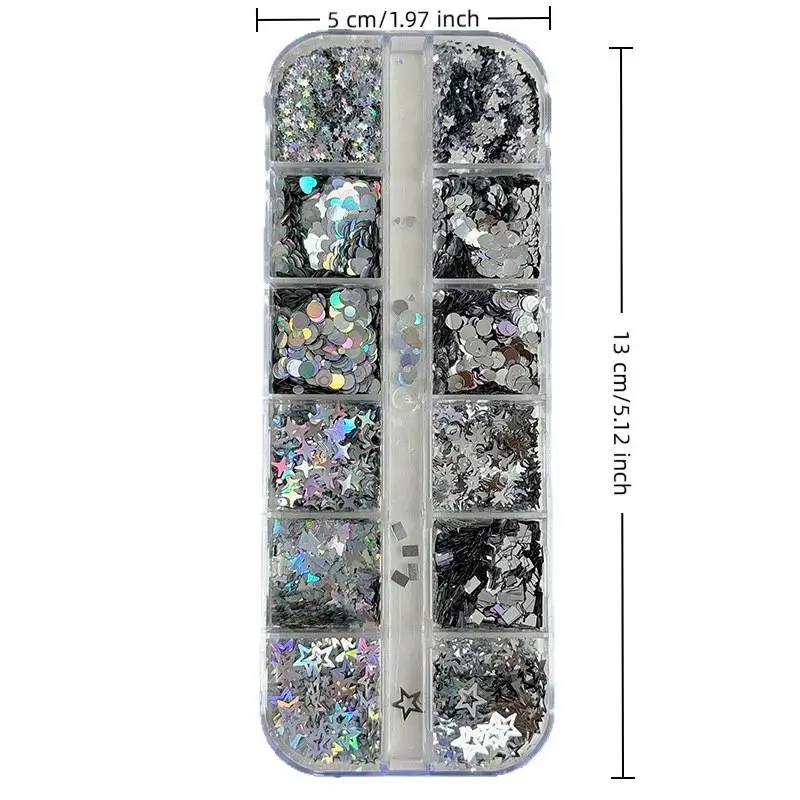 12 Fächer Mini-Pailletten mit Tupfen, Schmetterlingen, Sternen, Herzen, Glitzerpulver, Nagelkunst-Charms, Dekorationen, gemischte Aufkleber, Maniküre-Werkzeug – Detail 11