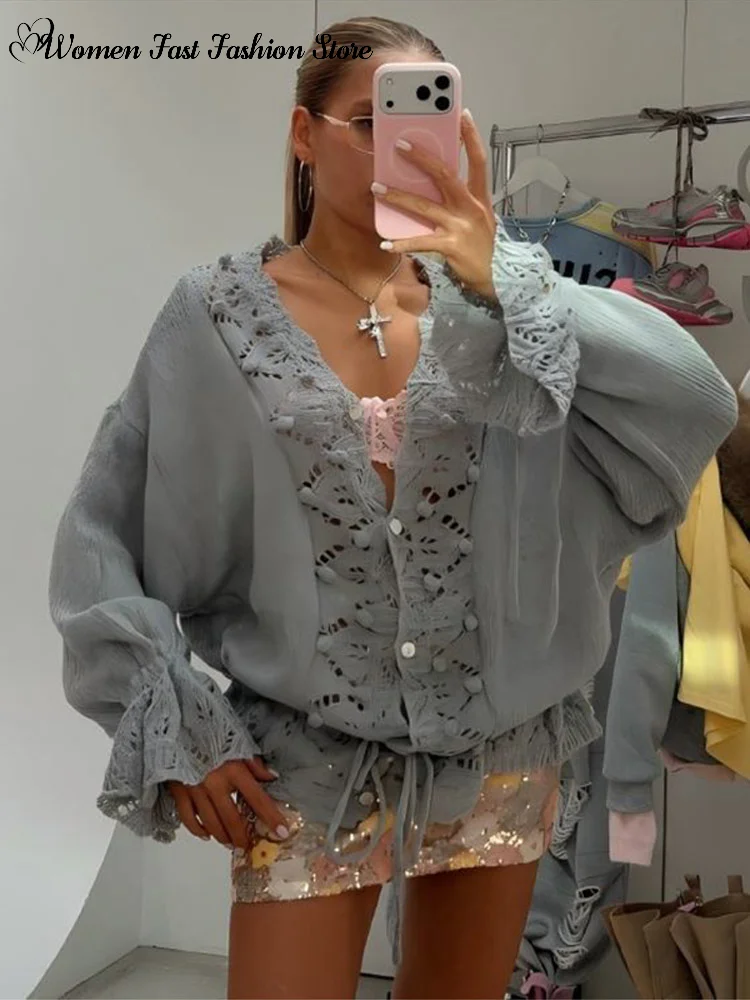 Knitted Flare Sleeve Drawstring Cardigans 2026 Autumn New Female Solid V-neck Single Breasted Sweaters Women's Street Knitwear