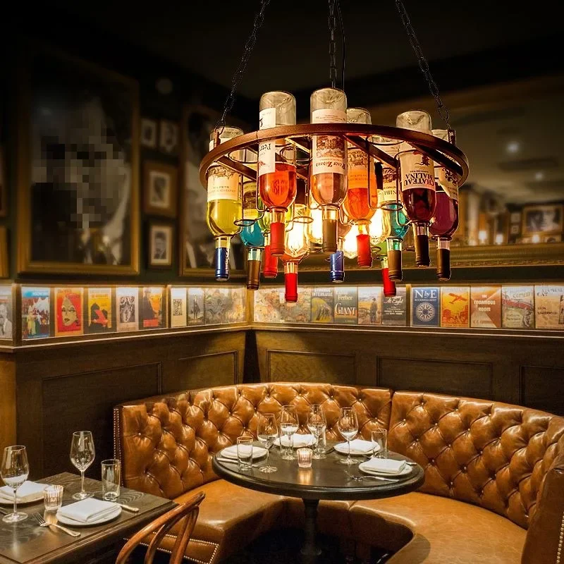 Retro Industrial Rust Metal Colored Wine Bottle Glass Chandelier Coffee Shop Bar Restaurant Living LED Decorative Pendant Lamp