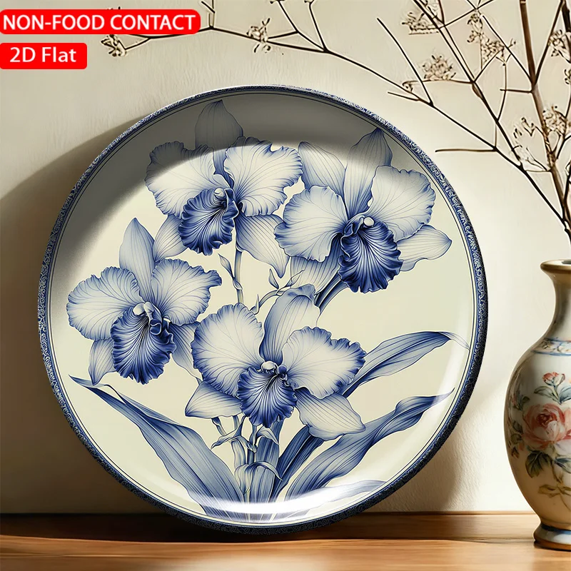 1pc FORJN Modern Round Ceramic Decorative Plate - Blue Floral Wall Plate Suitable for Non-Food Contact, Elegant Table