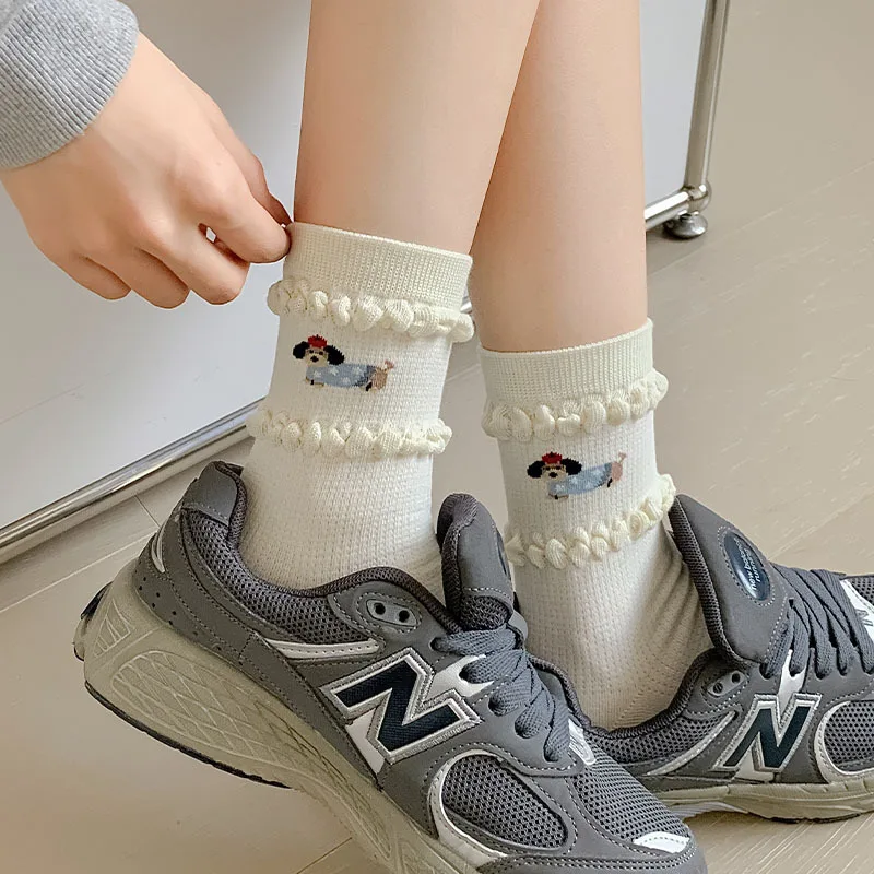 Polka Dot White Socks Women Spring Summer Thin Breathable Striped Middle Tube Socks Cartoon Dog Japanese Kawaii Cute Women Socks image 3