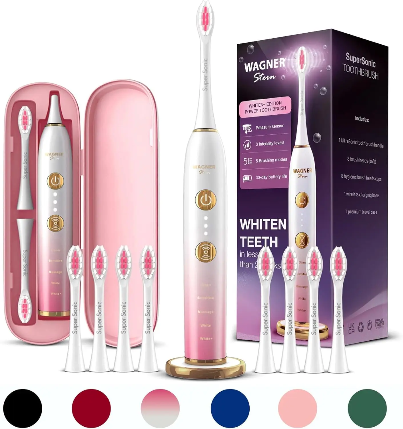 

WHITEN+ Edition. Whitening Electric Toothbrush with Pressure Sensor. Offers 5 Brushing Modes, 3 intensities, 8 Soft