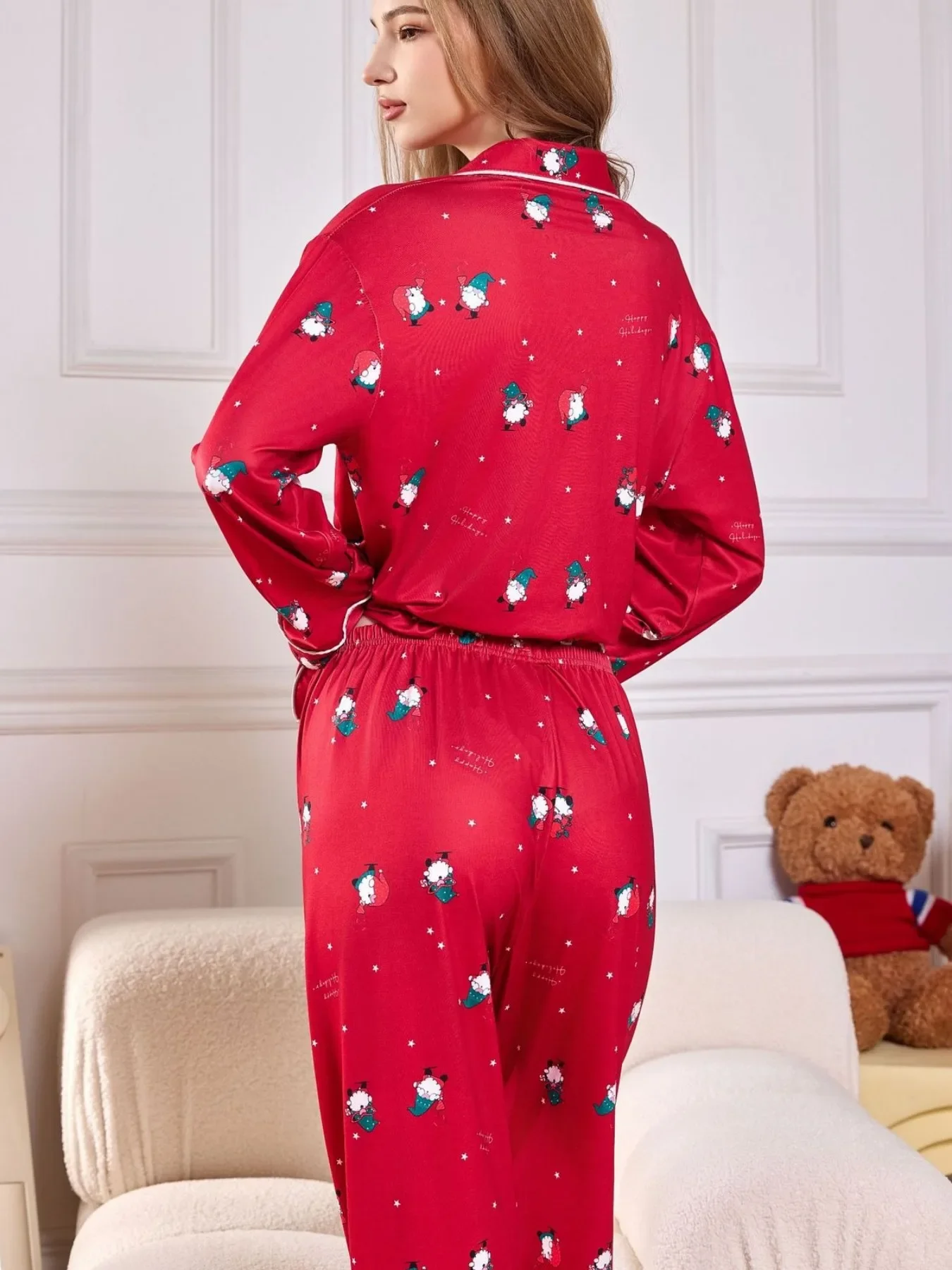 Autumn Winter Christmas Pajamas Set for Women Sleepwear Long Sleeve Red Cardigan Shirt with Long Pants Two Piece Pijamas Sets