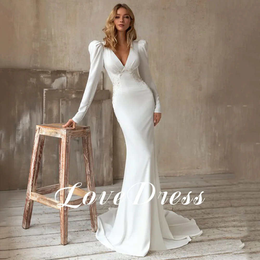 Lovedress profundo decote em v vestidos de casamento muçulmano manga longa rendas apliques elegante sereia vestido de noiva botão varredura trian personalizado