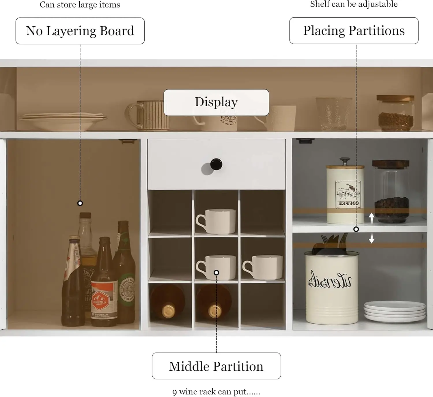 Kaffee-Barschrank mit Stauraum, 47-Zoll-Weiß-Kaffee-Bark-Station-Schrank, Bauernhaus-Kaffeebar-Buffetschrank mit Schublade