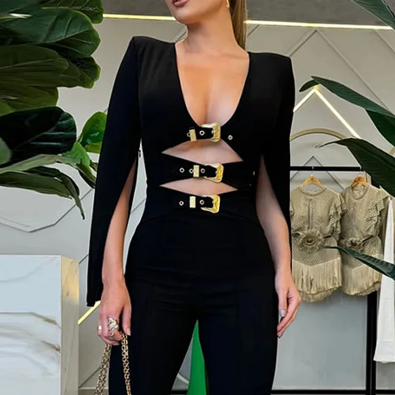 Wefads Jumpsuit Women Clothing Fashion Solid Long Sleeve V Neck Hollow Belt Nipped Waist Flare Pants Rompers High Streetwear